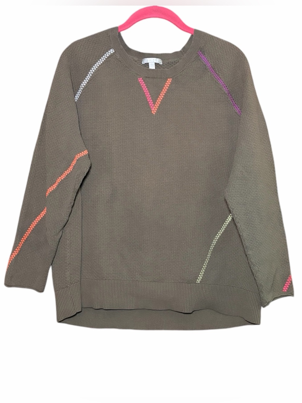 Lisa Todd XL Contrast Stitch Waffle Knit Sweater Olive Quiet Coastal Grandma